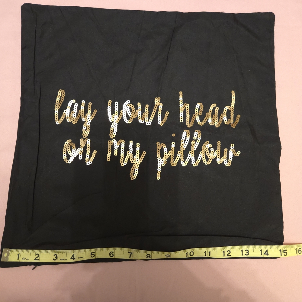 Black Pillow Covers (2) with Gold Sequin Text